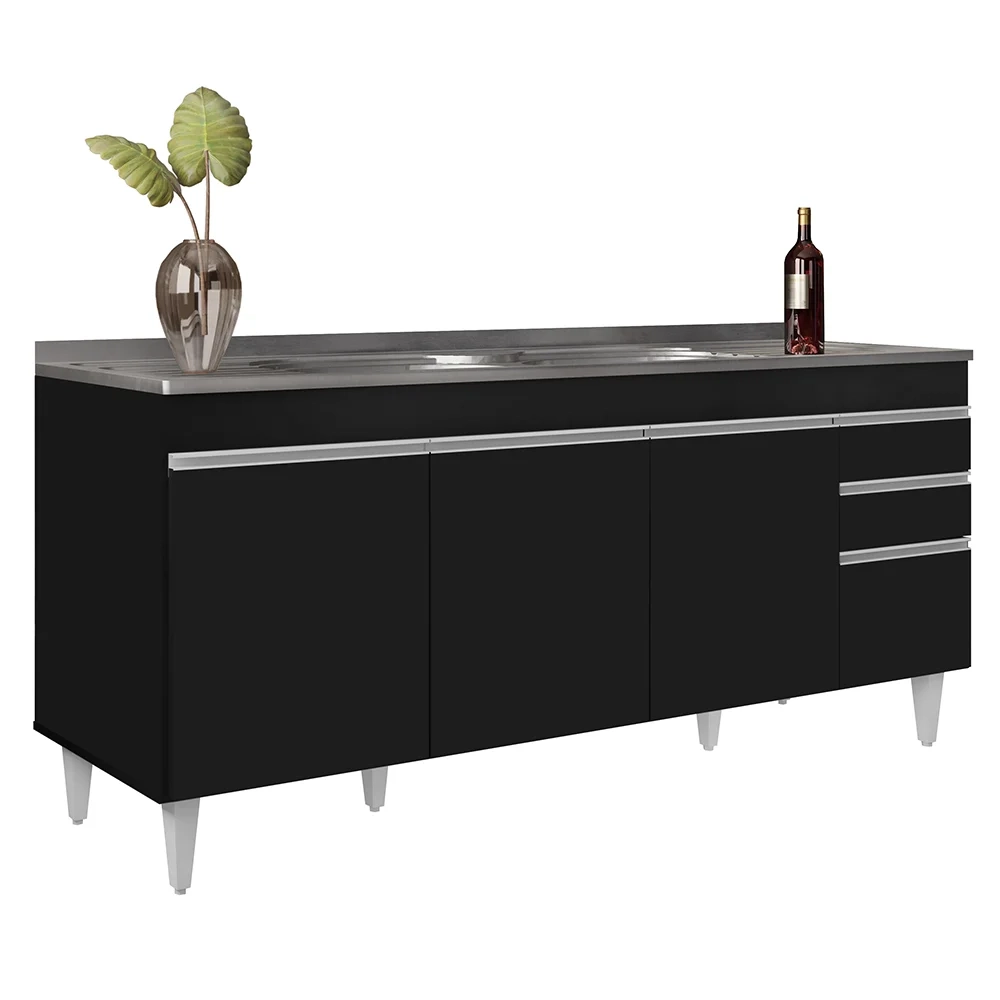 Armário de Cozinha Modulado de Canto Direito 5 Peças CP45 com Pia Inox Preto - Lumil