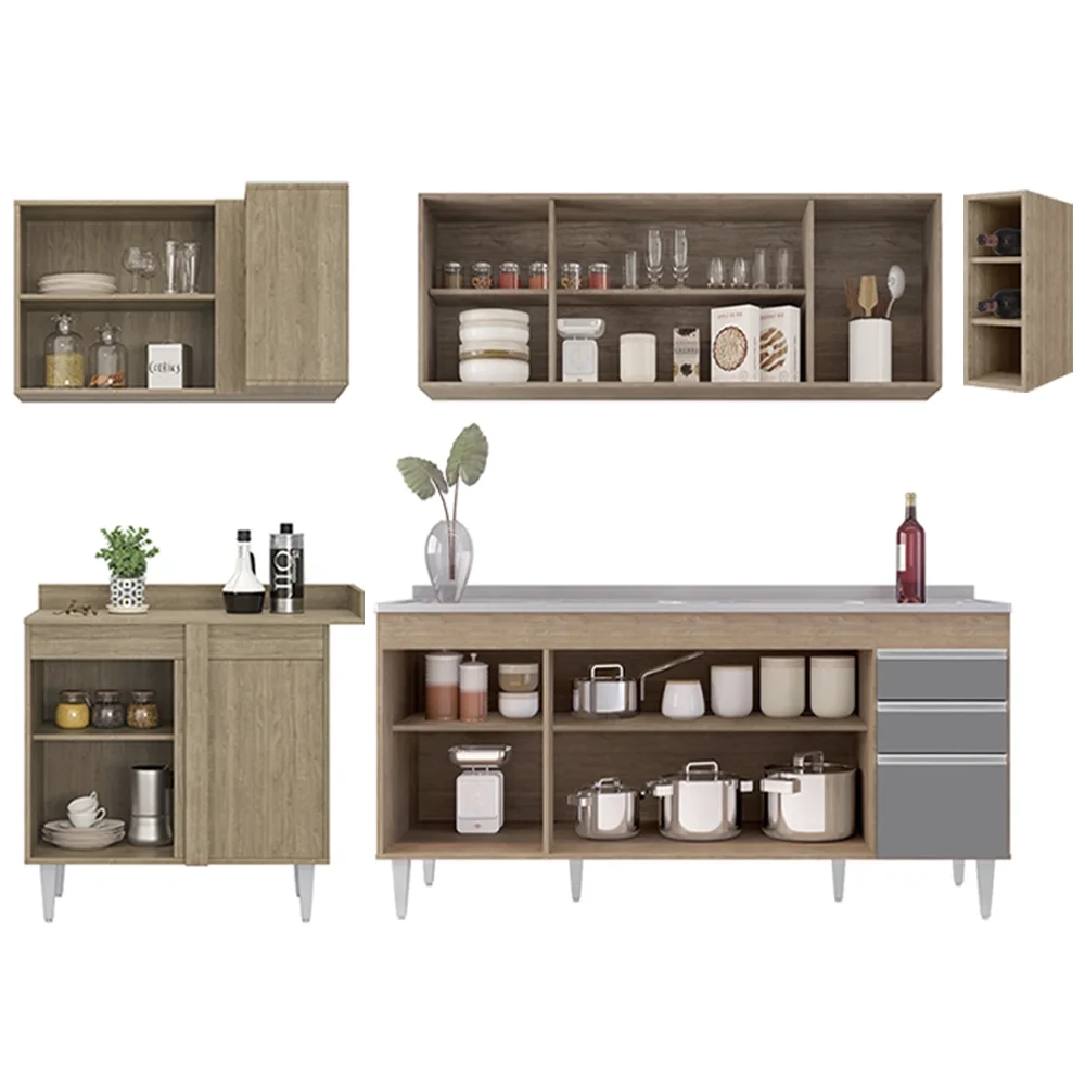 Armário de Cozinha Modulado de Canto Direito 5 Peças CP45 com Pia Inox Castanho/Cinza - Lumil