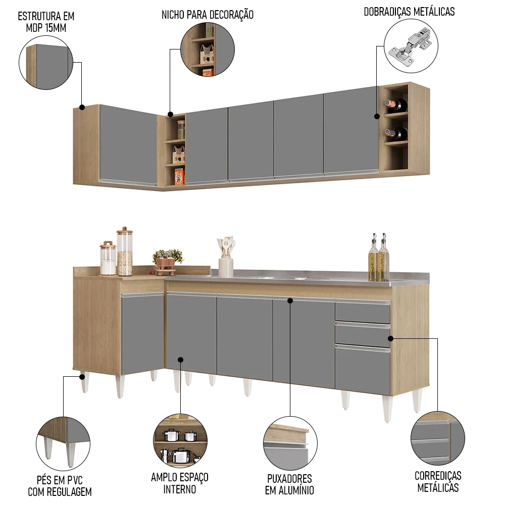 Armário de Cozinha Modulado de Canto Direito 5 Peças CP45 com Pia Inox Castanho/Cinza - Lumil