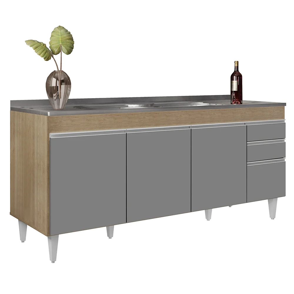 Armário de Cozinha Modulado de Canto Direito 5 Peças CP45 com Pia Inox Castanho/Cinza - Lumil