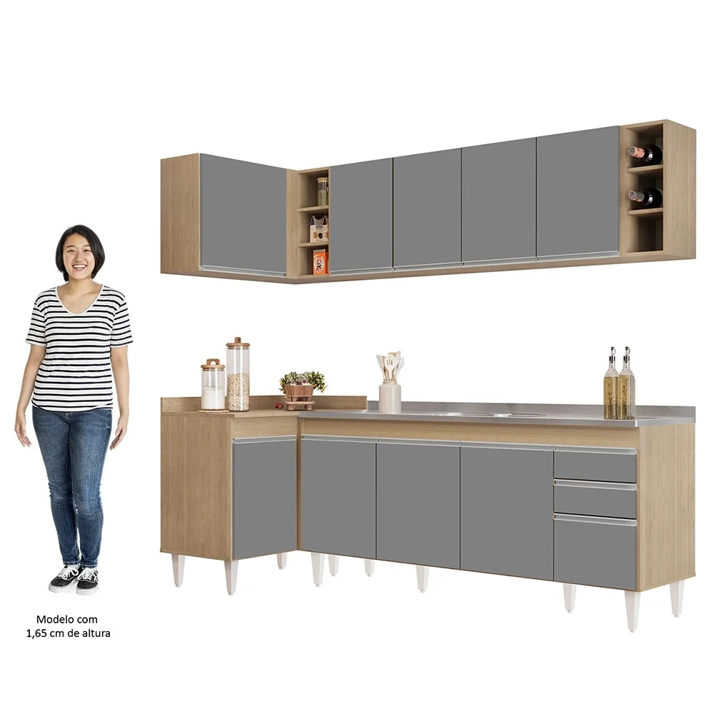 Armário de Cozinha Modulado de Canto Direito 5 Peças CP45 com Pia Inox Castanho/Cinza - Lumil