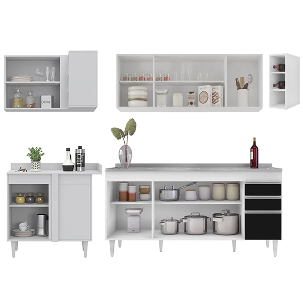 Armário de Cozinha Modulado de Canto Direito 5 Peças CP45 com Pia Inox Branco/Preto - Lumil