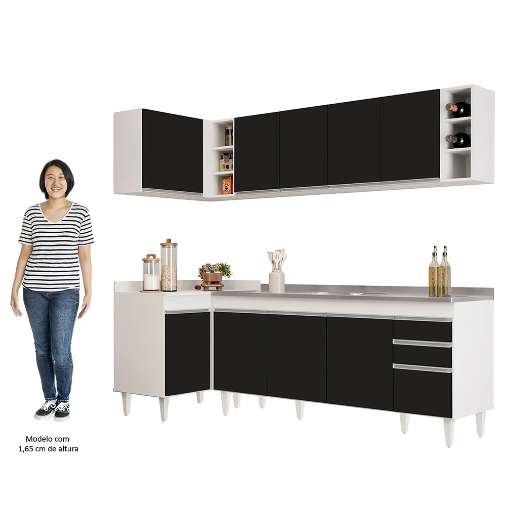 Armário de Cozinha Modulado de Canto Direito 5 Peças CP45 com Pia Inox Branco/Preto - Lumil