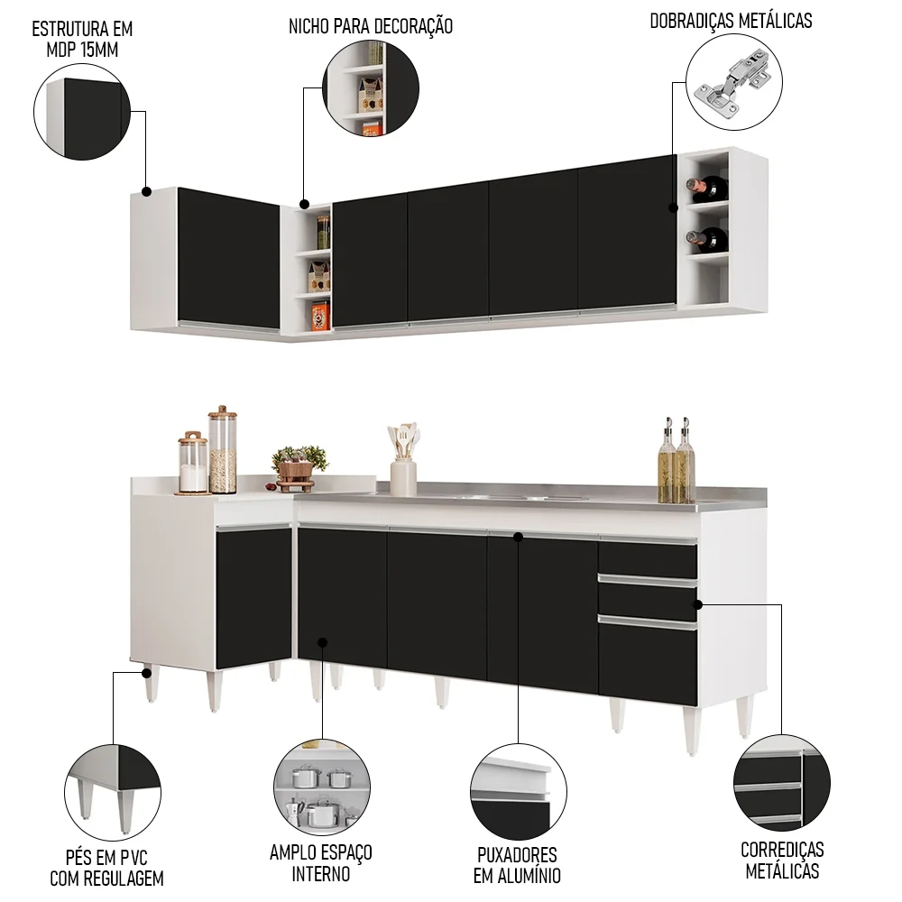 Armário de Cozinha Modulado de Canto Direito 5 Peças CP45 com Pia Inox Branco/Preto - Lumil
