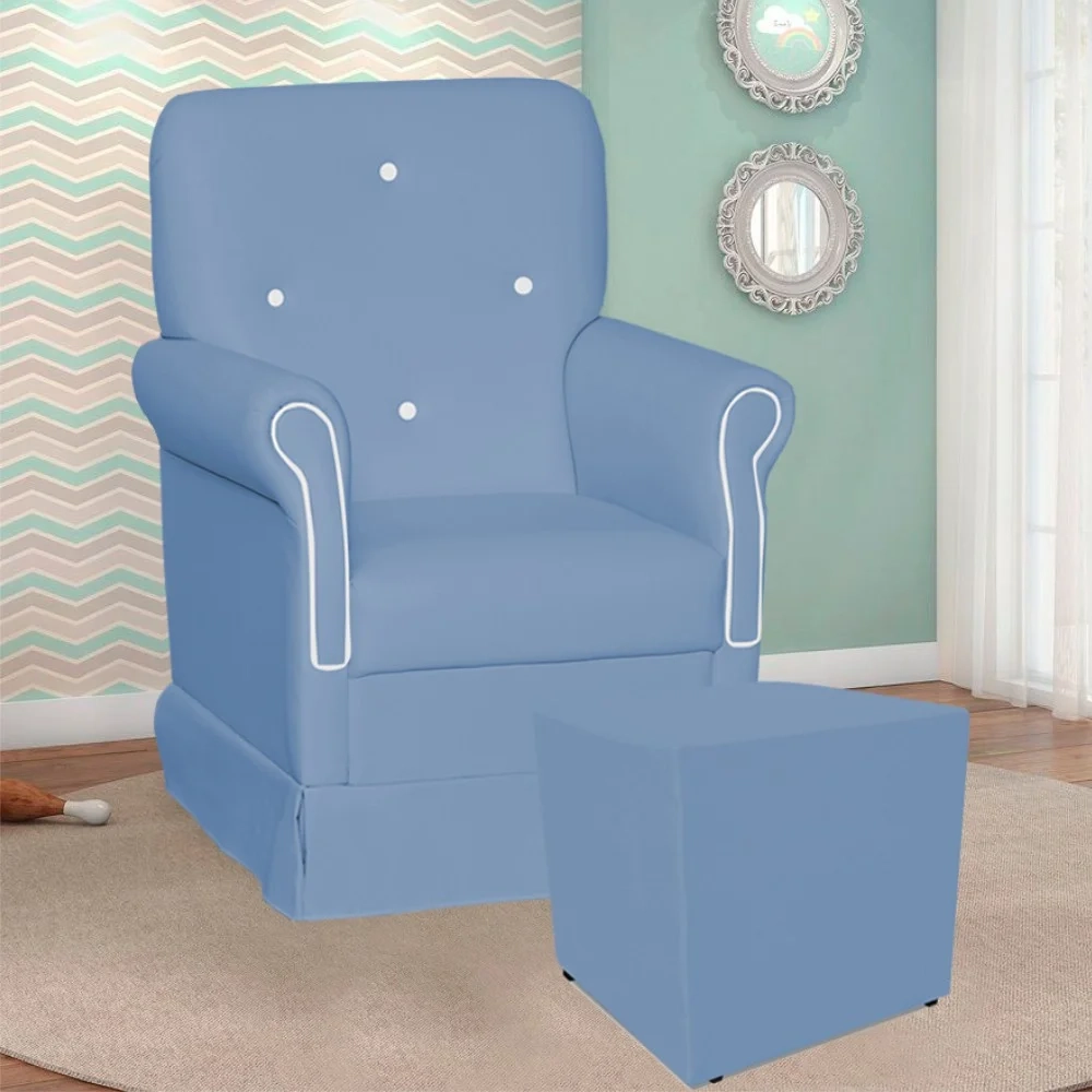 Poltrona de Amamentação Balanço e Puff Suzí Sintético Azul Bebê/Branco - Phoenix Baby