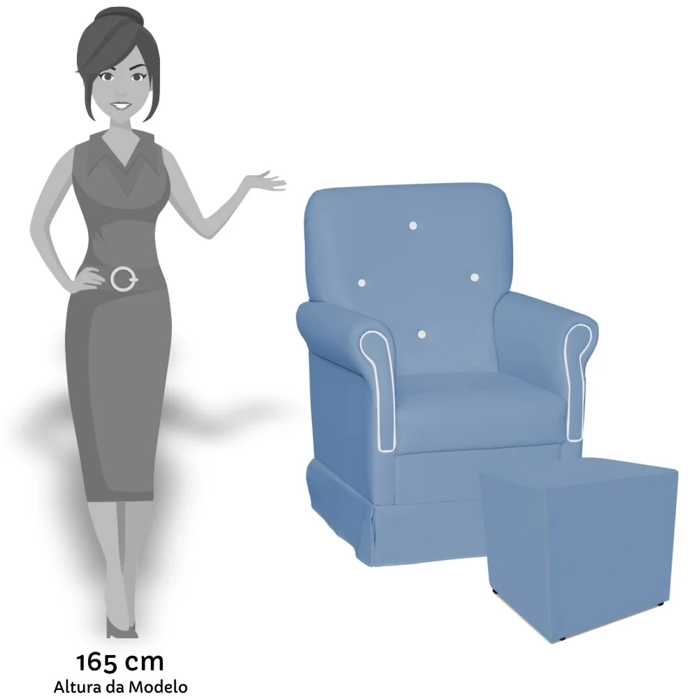 Poltrona de Amamentação Balanço e Puff Suzí Sintético Azul Bebê/Branco - Phoenix Baby