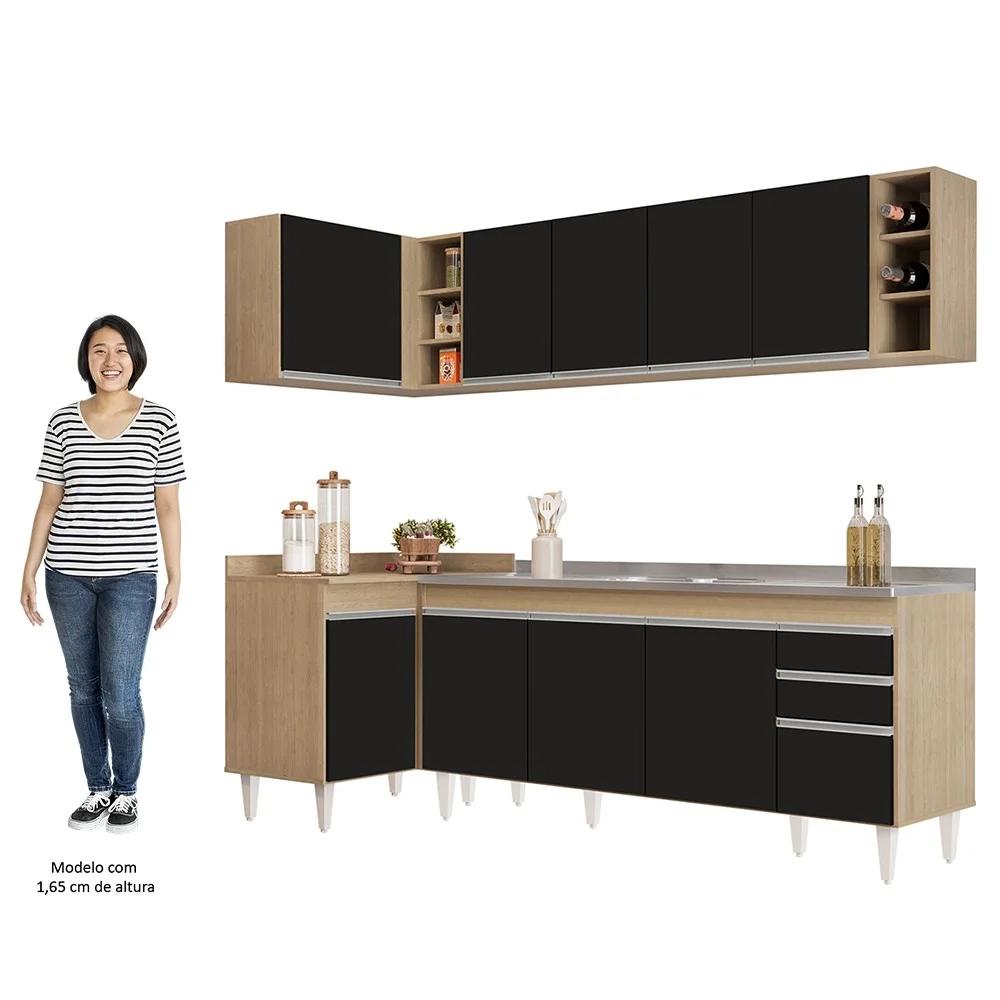 Armário de Cozinha Modulado de Canto Direito 5 Peças CP45 com Pia Inox Castanho/Preto - Lumil