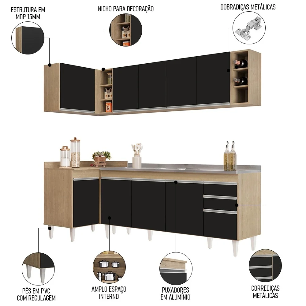 Armário de Cozinha Modulado de Canto Direito 5 Peças CP45 com Pia Inox Castanho/Preto - Lumil