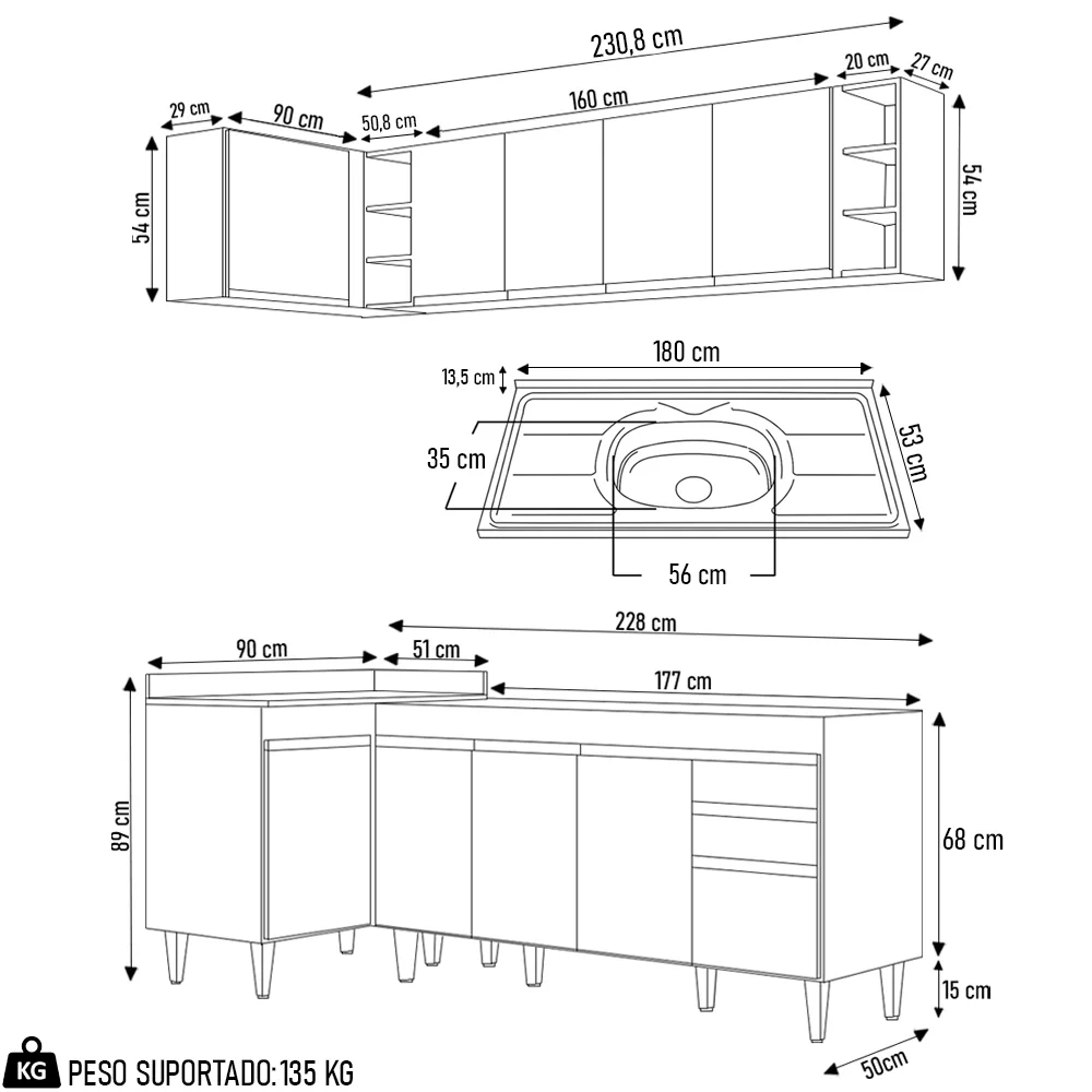 Armário de Cozinha Modulado de Canto Direito 5 Peças CP45 com Pia Inox Castanho/Preto - Lumil