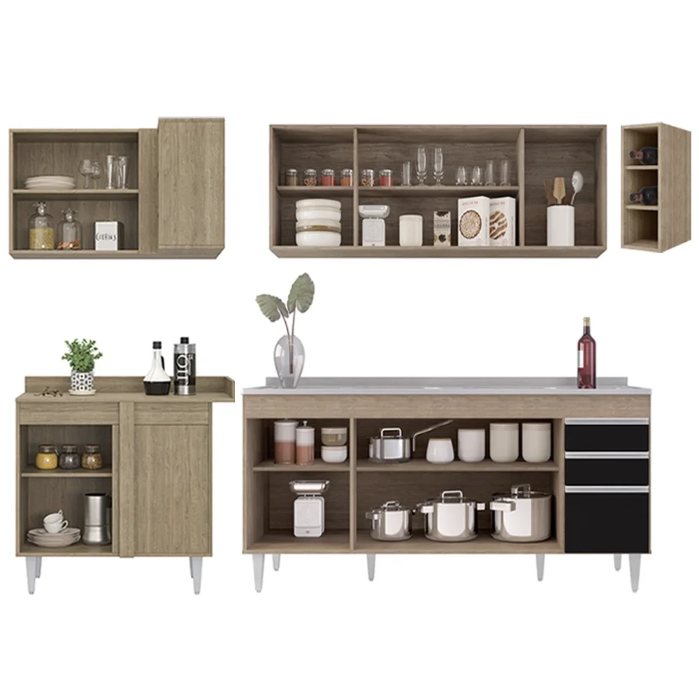 Armário de Cozinha Modulado de Canto Direito 5 Peças CP45 com Pia Inox Castanho/Preto - Lumil