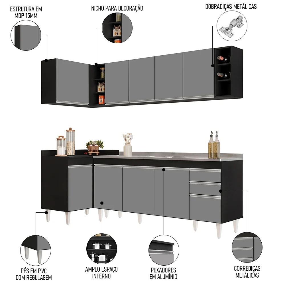 Armário de Cozinha Modulado de Canto Direito 5 Peças CP45 com Pia Inox Preto/Cinza - Lumil
