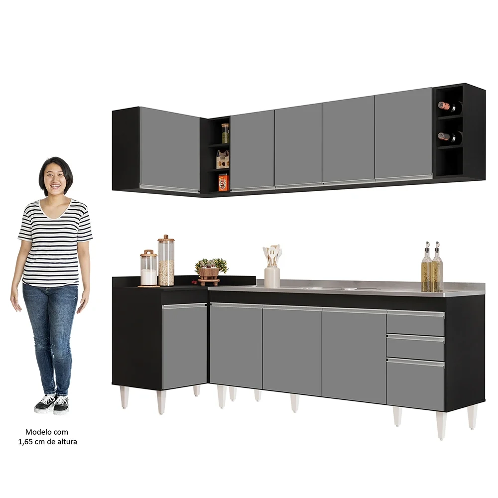 Armário de Cozinha Modulado de Canto Direito 5 Peças CP45 com Pia Inox Preto/Cinza - Lumil