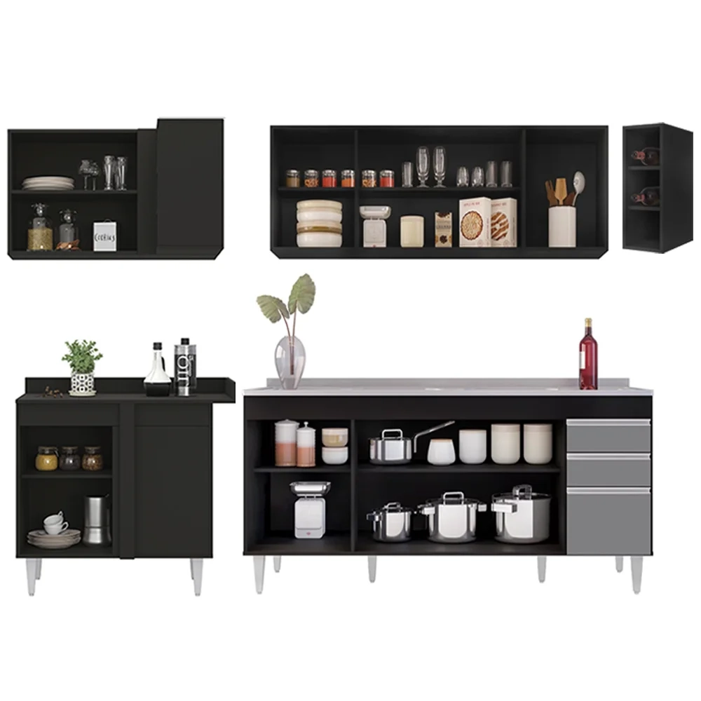 Armário de Cozinha Modulado de Canto Direito 5 Peças CP45 com Pia Inox Preto/Cinza - Lumil