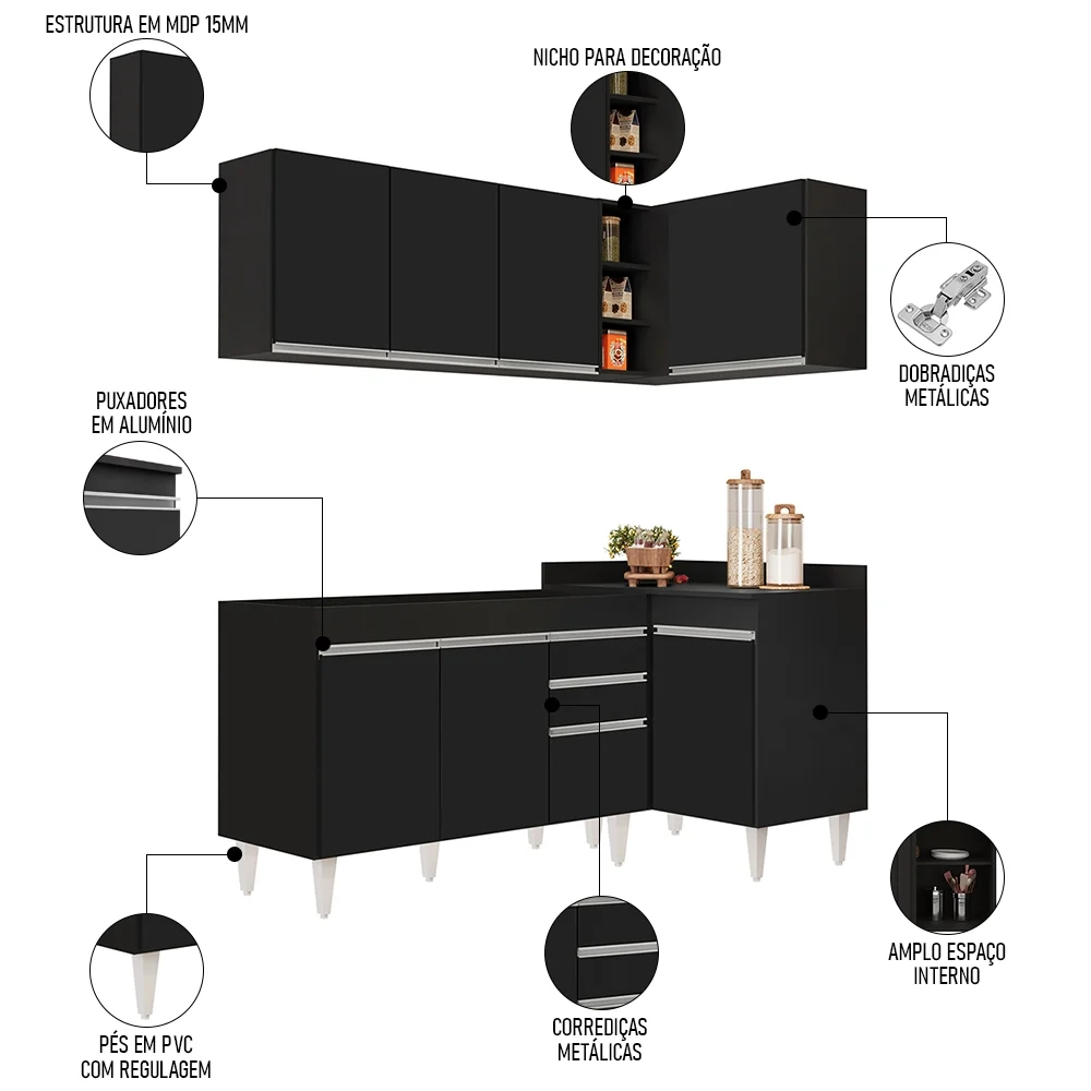 Armário de Cozinha Modulado de Canto Esquerdo 4 Peças CP46 Balcão sem Tampo Preto - Lumil