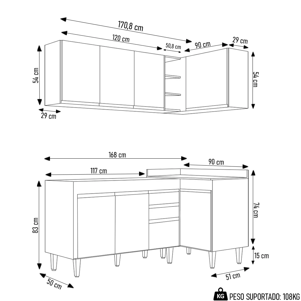 Armário de Cozinha Modulado de Canto Esquerdo 4 Peças CP46 Balcão sem Tampo Preto - Lumil