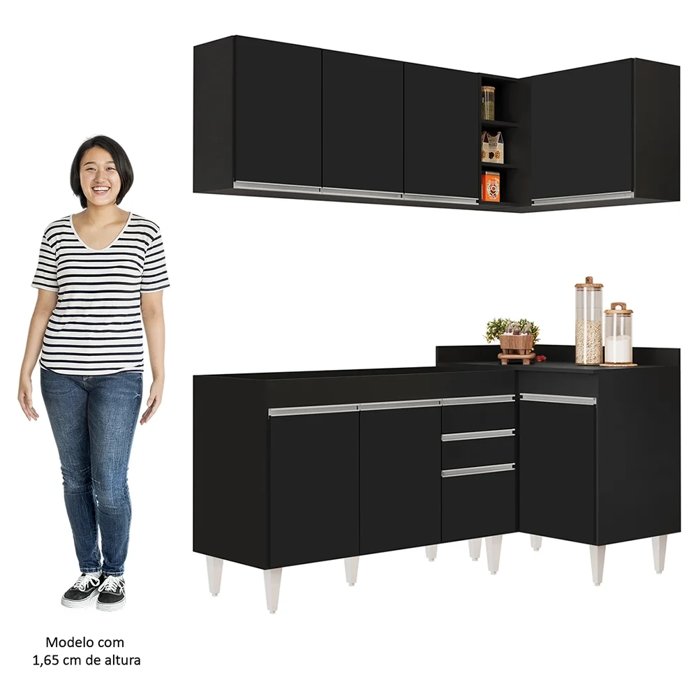 Armário de Cozinha Modulado de Canto Esquerdo 4 Peças CP46 Balcão sem Tampo Preto - Lumil