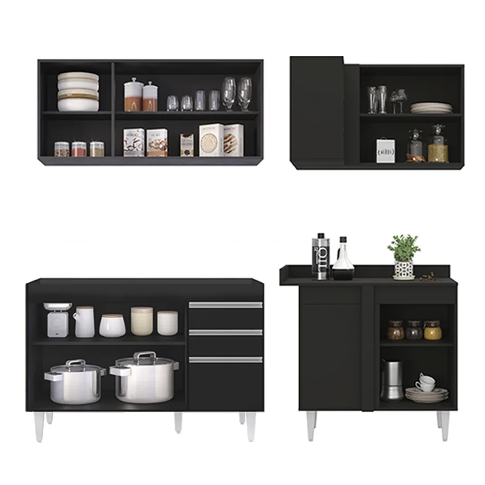 Armário de Cozinha Modulado de Canto Esquerdo 4 Peças CP46 Balcão sem Tampo Preto - Lumil