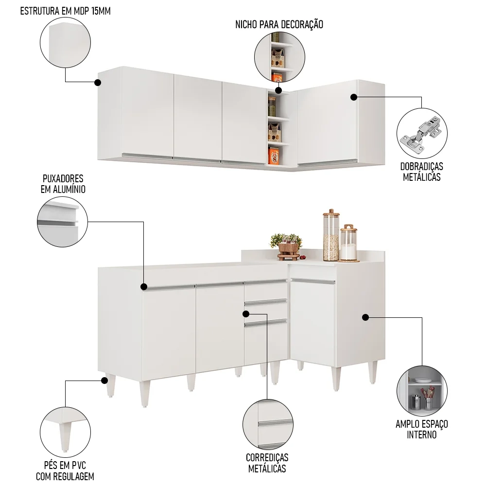 Armário de Cozinha Modulado de Canto Esquerdo 4 Peças CP46 Balcão sem Tampo Branco - Lumil