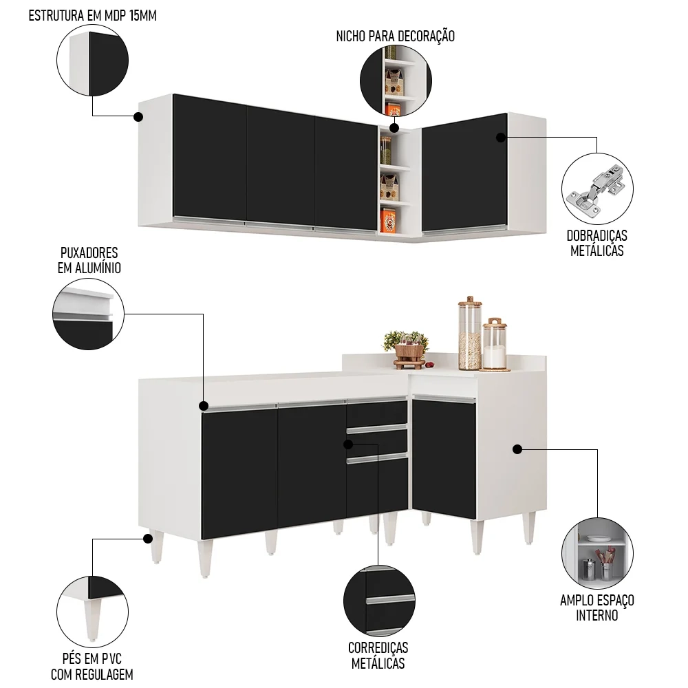 Armário de Cozinha Modulado de Canto Esquerdo 4 Peças CP46 Balcão sem Tampo Branco/Preto - Lumil
