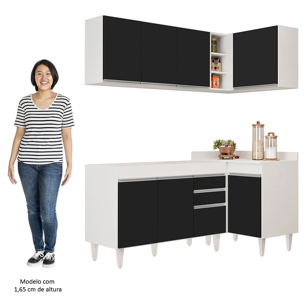 Armário de Cozinha Modulado de Canto Esquerdo 4 Peças CP46 Balcão sem Tampo Branco/Preto - Lumil