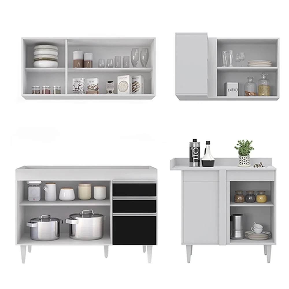Armário de Cozinha Modulado de Canto Esquerdo 4 Peças CP46 Balcão sem Tampo Branco/Preto - Lumil