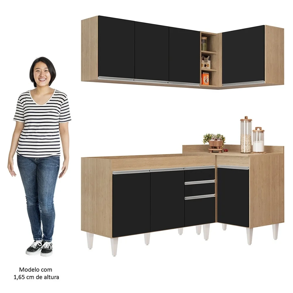 Armário de Cozinha Modulado de Canto Esquerdo 4 Peças CP46 Balcão sem Tampo Castanho/Preto - Lumil