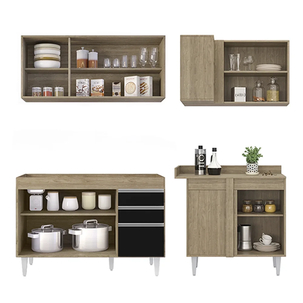 Armário de Cozinha Modulado de Canto Esquerdo 4 Peças CP46 Balcão sem Tampo Castanho/Preto - Lumil