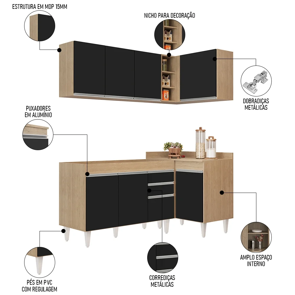 Armário de Cozinha Modulado de Canto Esquerdo 4 Peças CP46 Balcão sem Tampo Castanho/Preto - Lumil