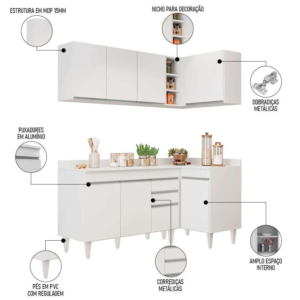 Armário de Cozinha Modulado de Canto Esquerdo 4 Peças CP47 Balcão com Tampo Branco - Lumil