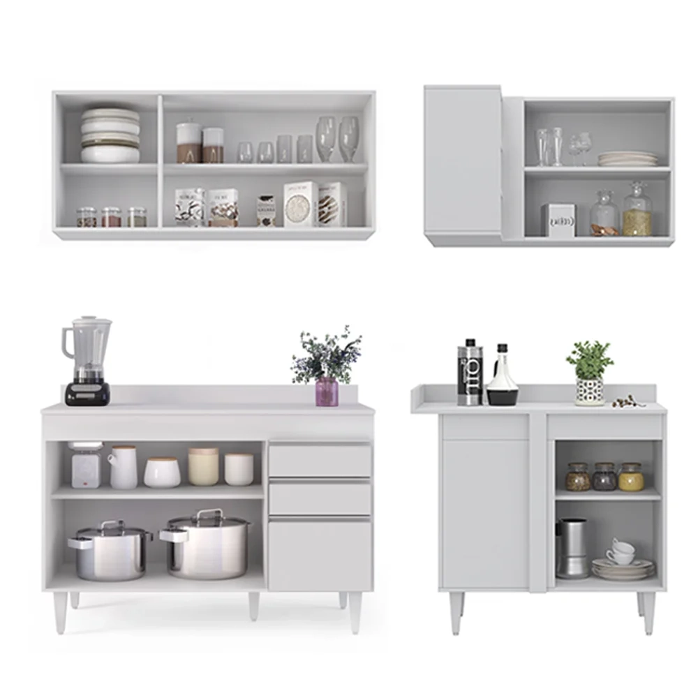 Armário de Cozinha Modulado de Canto Esquerdo 4 Peças CP47 Balcão com Tampo Branco - Lumil