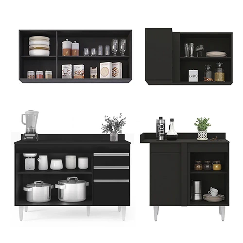 Armário de Cozinha Modulado de Canto Esquerdo 4 Peças CP47 Balcão com Tampo Preto - Lumil