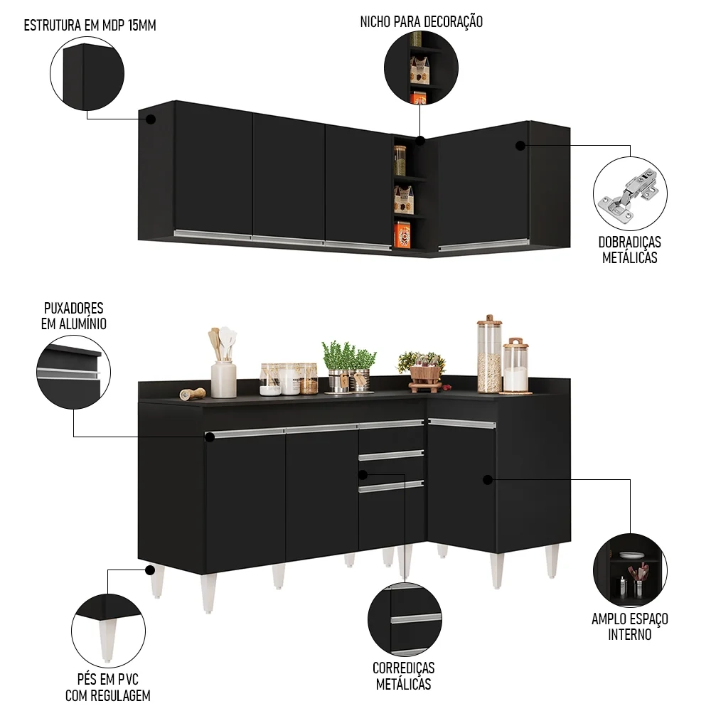 Armário de Cozinha Modulado de Canto Esquerdo 4 Peças CP47 Balcão com Tampo Preto - Lumil