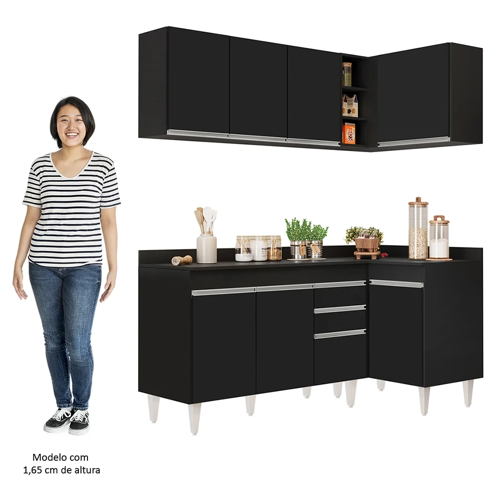 Armário de Cozinha Modulado de Canto Esquerdo 4 Peças CP47 Balcão com Tampo Preto - Lumil