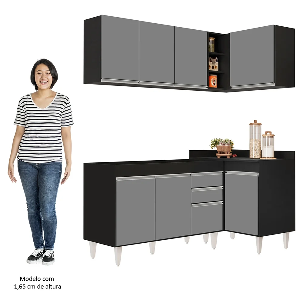 Armário de Cozinha Modulado de Canto Esquerdo 4 Peças CP46 Balcão sem Tampo Preto/Cinza - Lumil