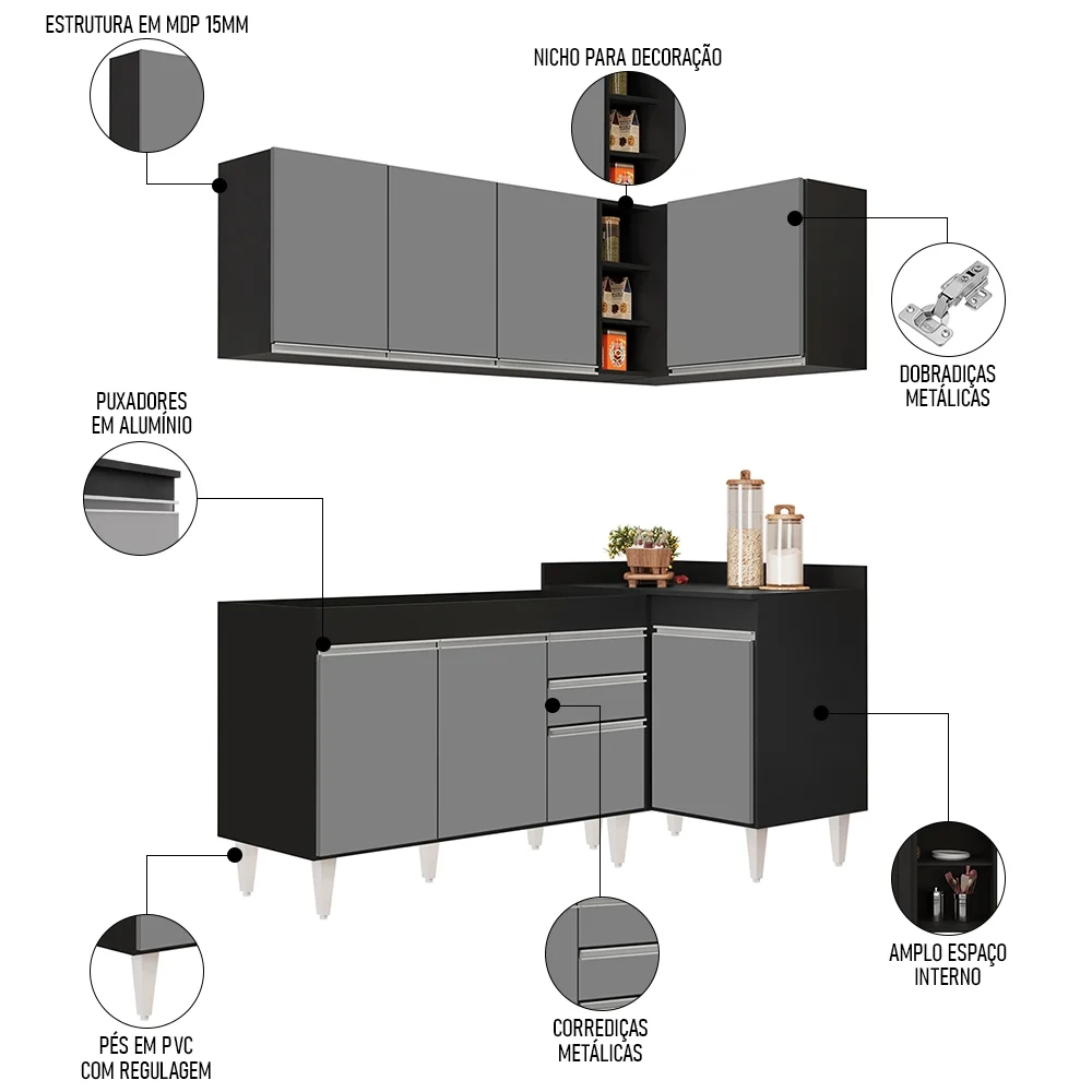 Armário de Cozinha Modulado de Canto Esquerdo 4 Peças CP46 Balcão sem Tampo Preto/Cinza - Lumil