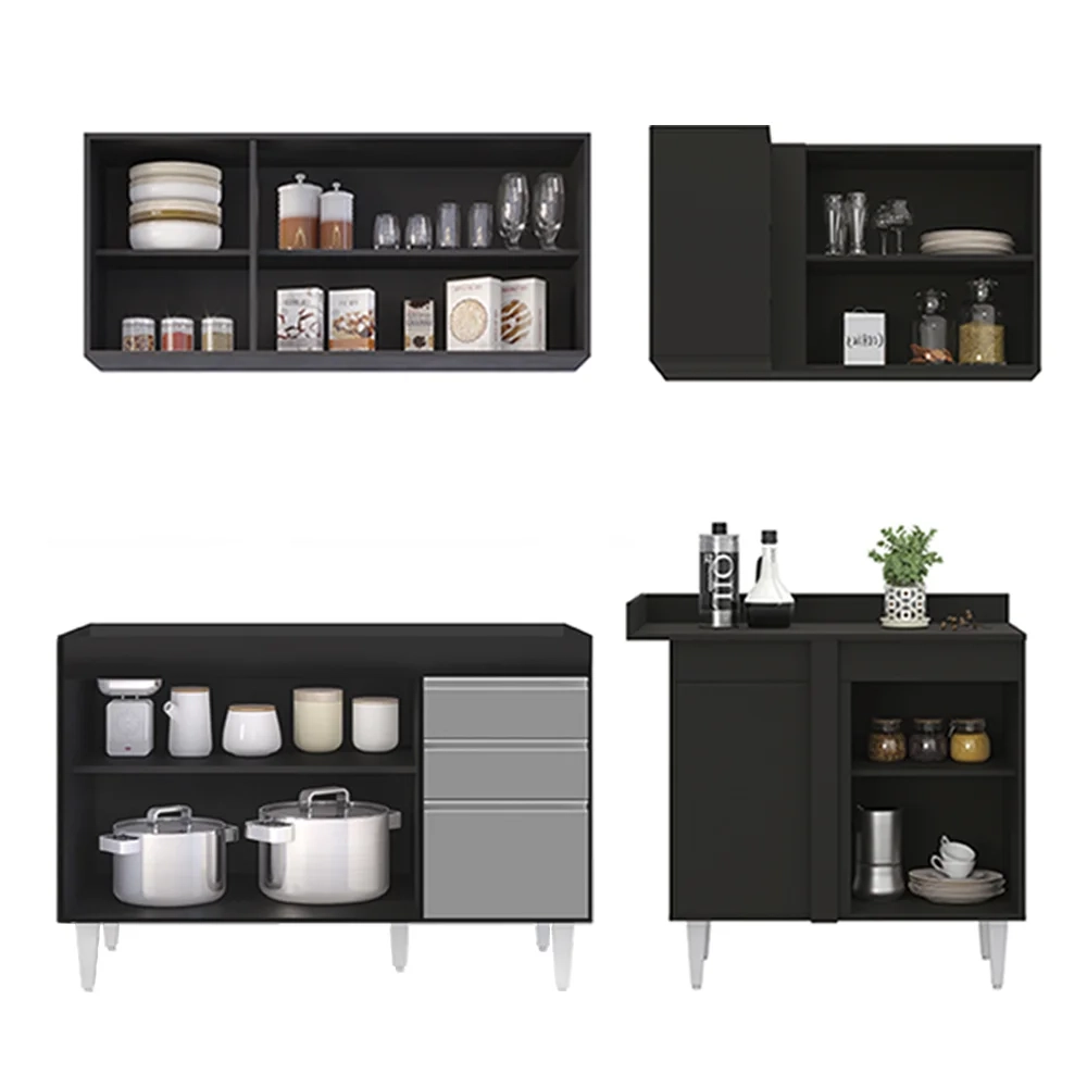 Armário de Cozinha Modulado de Canto Esquerdo 4 Peças CP46 Balcão sem Tampo Preto/Cinza - Lumil