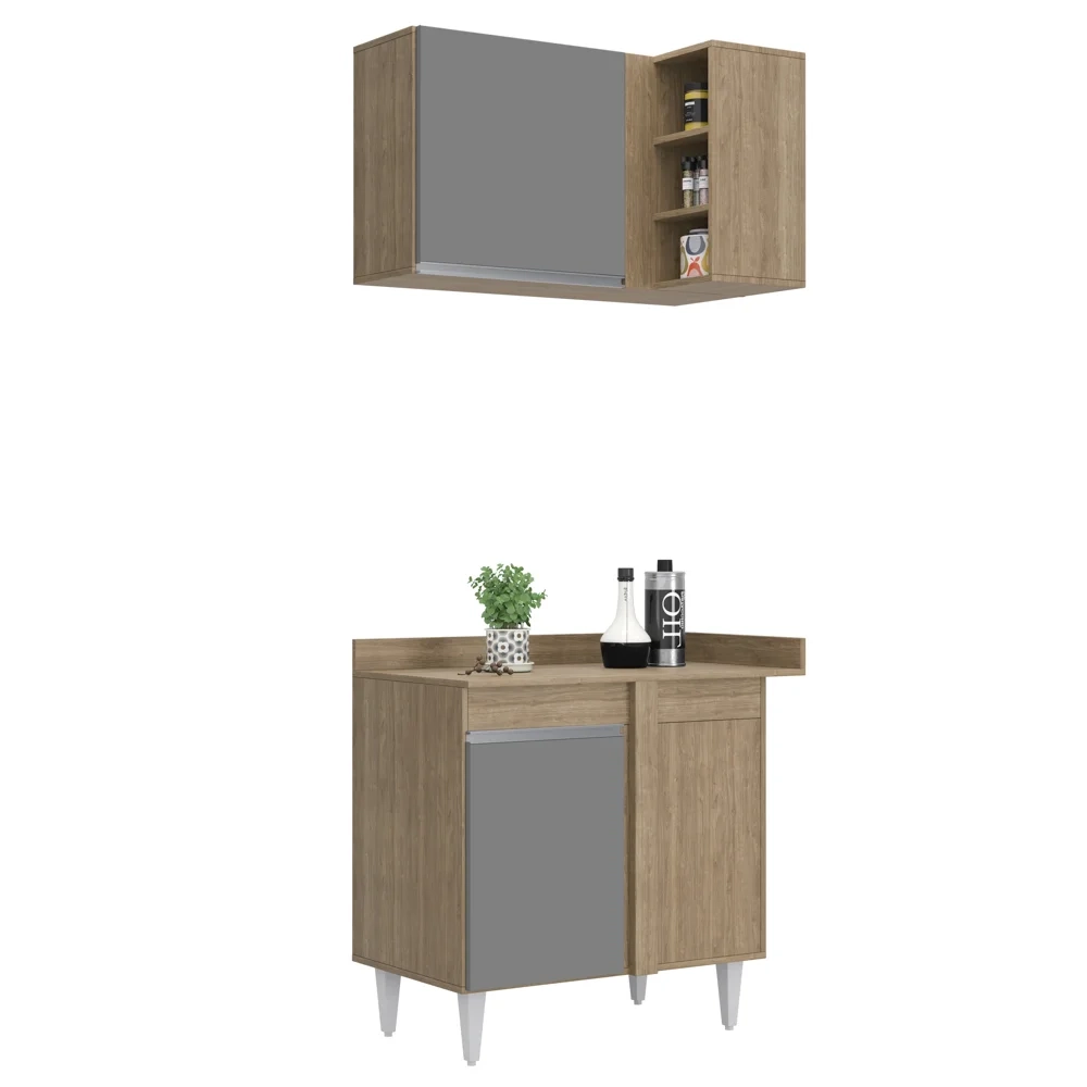 Armário de Cozinha Modulado de Canto Esquerdo 4 Peças CP47 Balcão com Tampo Castanho/Cinza - Lumil
