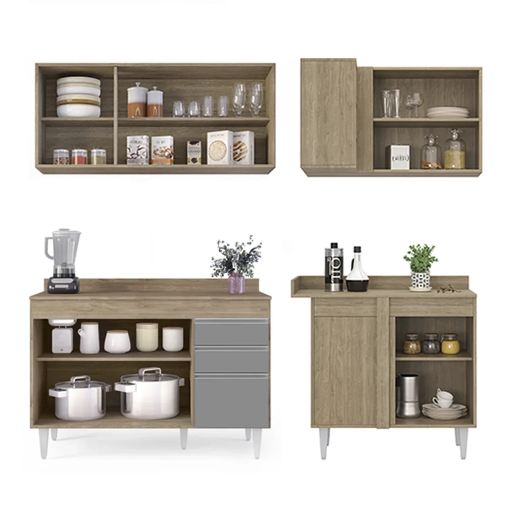 Armário de Cozinha Modulado de Canto Esquerdo 4 Peças CP47 Balcão com Tampo Castanho/Cinza - Lumil