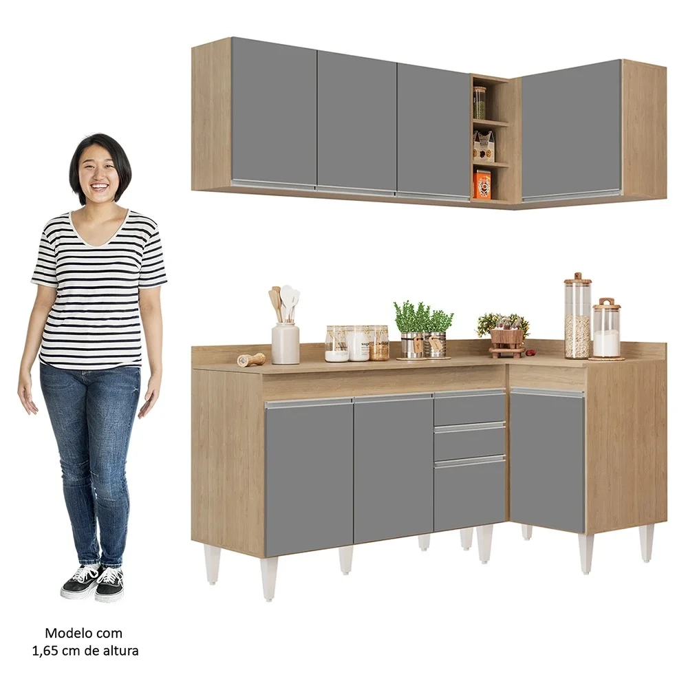 Armário de Cozinha Modulado de Canto Esquerdo 4 Peças CP47 Balcão com Tampo Castanho/Cinza - Lumil