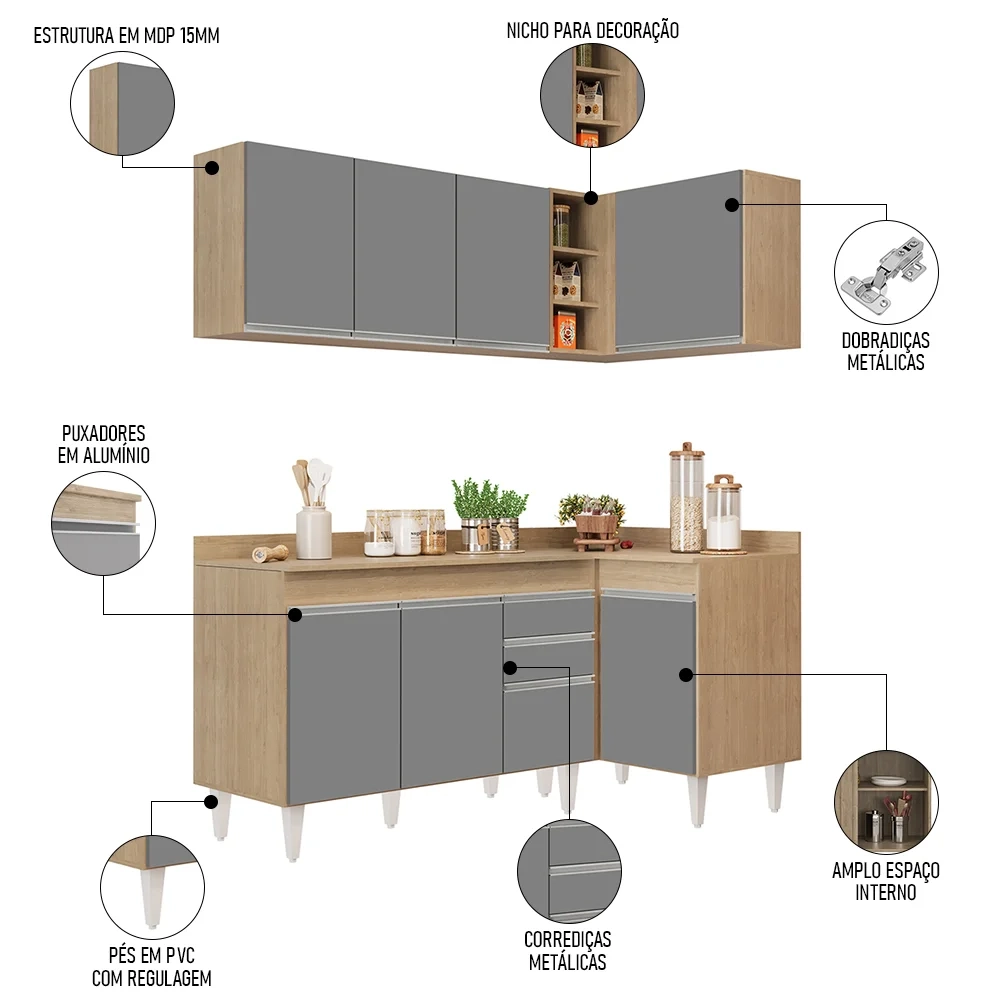 Armário de Cozinha Modulado de Canto Esquerdo 4 Peças CP47 Balcão com Tampo Castanho/Cinza - Lumil