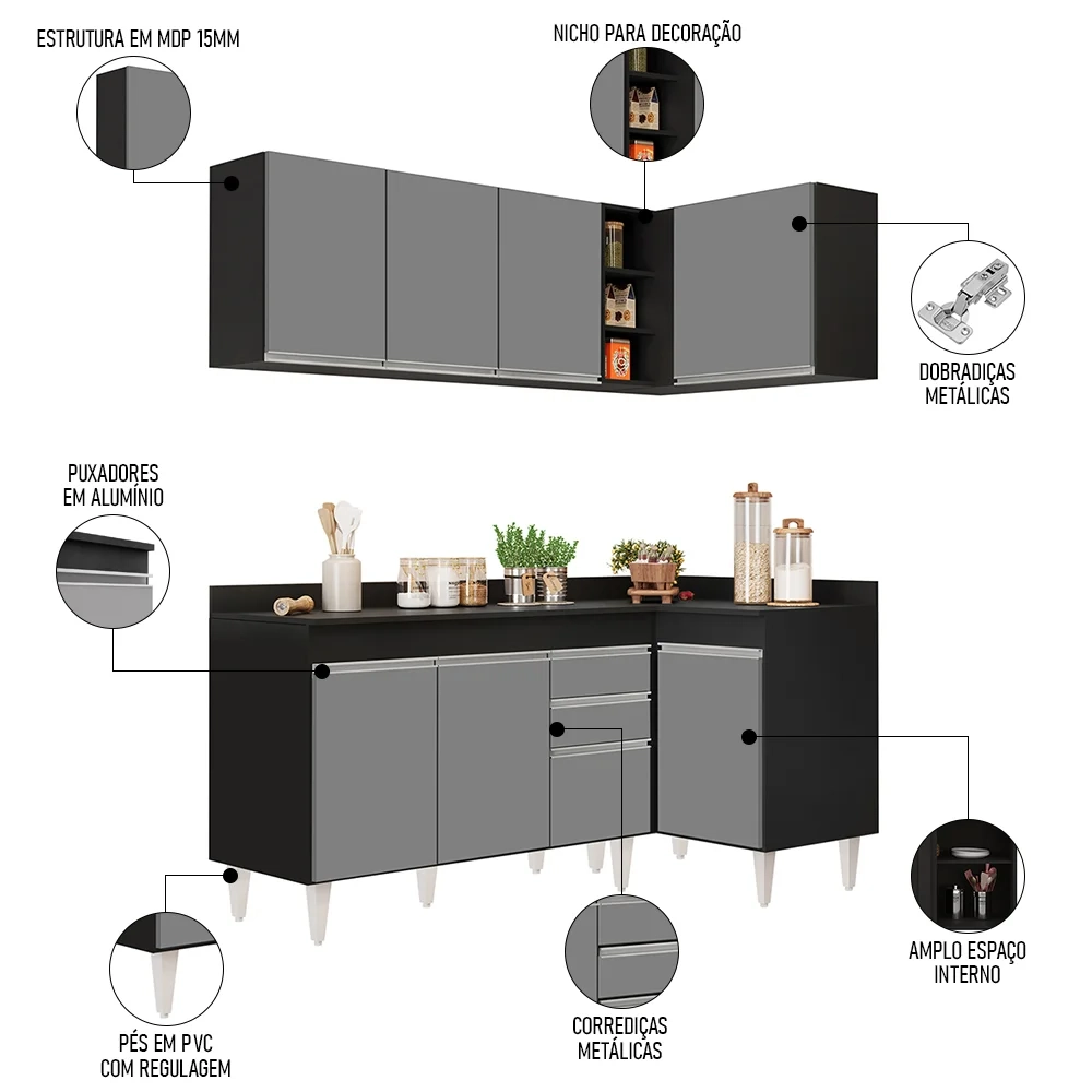 Armário de Cozinha Modulado de Canto Esquerdo 4 Peças CP47 Balcão com Tampo Preto/Cinza - Lumil