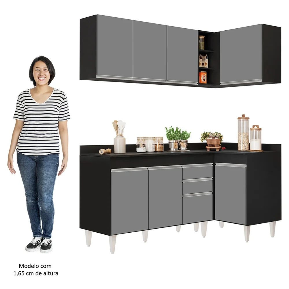 Armário de Cozinha Modulado de Canto Esquerdo 4 Peças CP47 Balcão com Tampo Preto/Cinza - Lumil