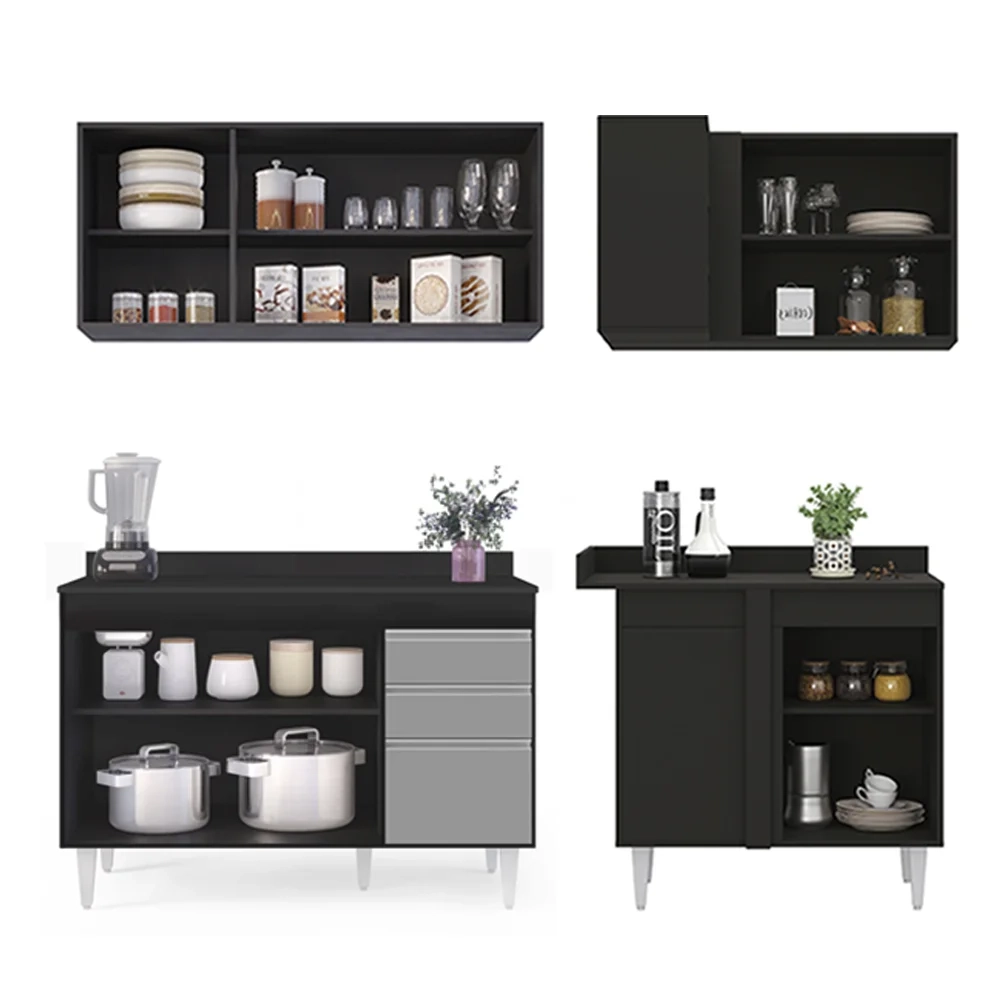 Armário de Cozinha Modulado de Canto Esquerdo 4 Peças CP47 Balcão com Tampo Preto/Cinza - Lumil