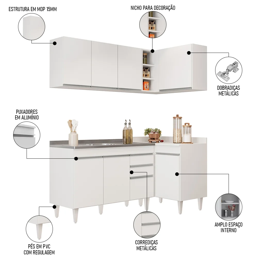 Armário de Cozinha Modulado de Canto Esquerdo 4 Peças CP48 com Pia Inox Branco - Lumil