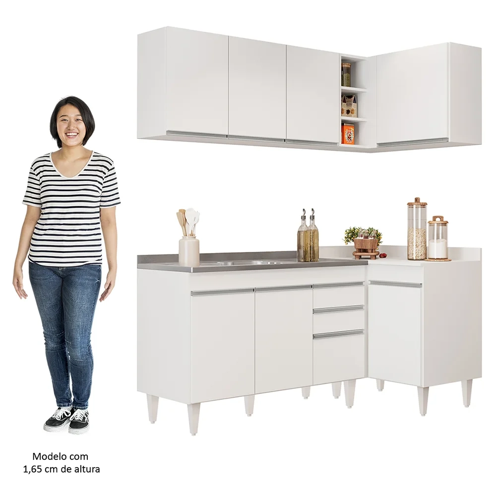 Armário de Cozinha Modulado de Canto Esquerdo 4 Peças CP48 com Pia Inox Branco - Lumil