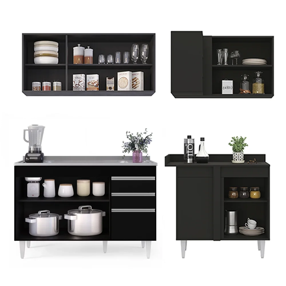 Armário de Cozinha Modulado de Canto Esquerdo 4 Peças CP48 com Pia Inox Preto - Lumil