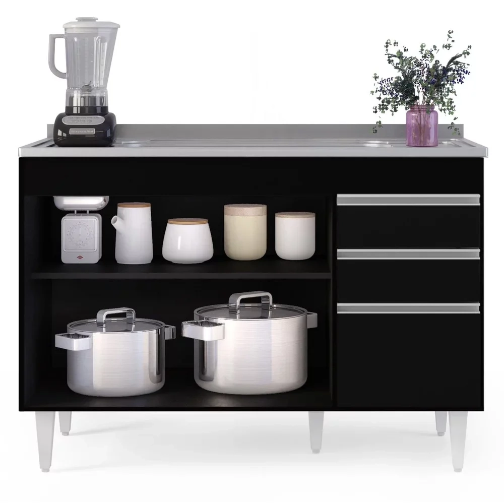 Armário de Cozinha Modulado de Canto Esquerdo 4 Peças CP48 com Pia Inox Preto - Lumil