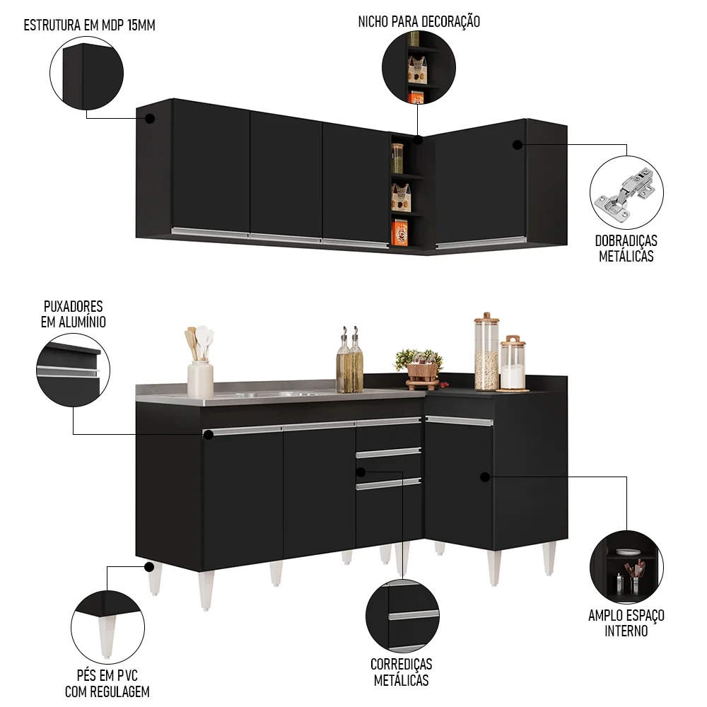 Armário de Cozinha Modulado de Canto Esquerdo 4 Peças CP48 com Pia Inox Preto - Lumil