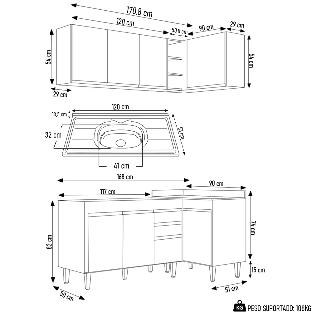 Armário de Cozinha Modulado de Canto Esquerdo 4 Peças CP48 com Pia Inox Preto - Lumil