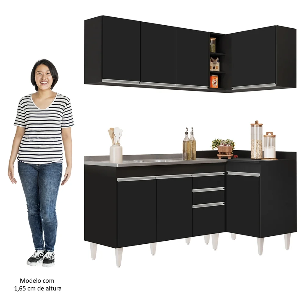 Armário de Cozinha Modulado de Canto Esquerdo 4 Peças CP48 com Pia Inox Preto - Lumil